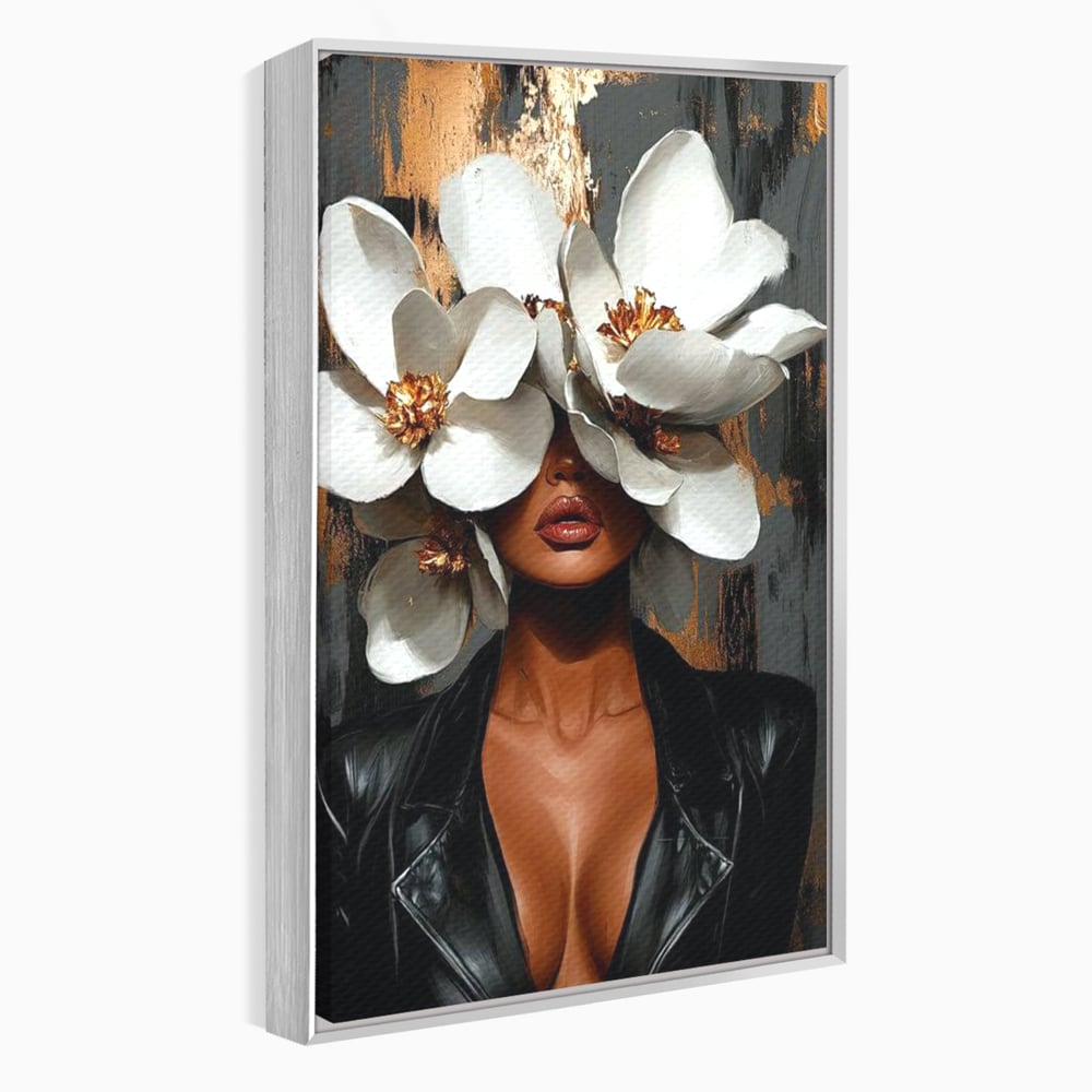 Tablou canvas cu tablou canvas cu femeie si magnolii, in rama de aluminiu argintiu